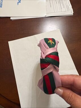 Pink Knotted Headband with Green & Red Stripe and Embroidered Bee